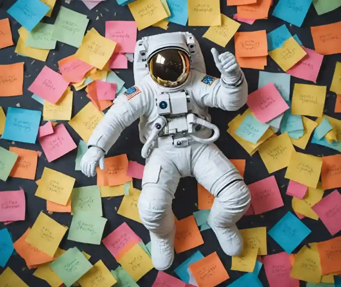 Astronaut laying on many post it papers