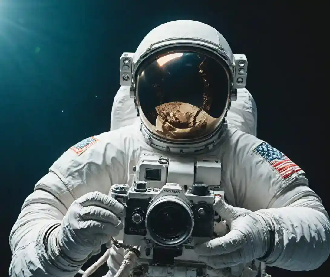 Astronaut holding a photo camera in space